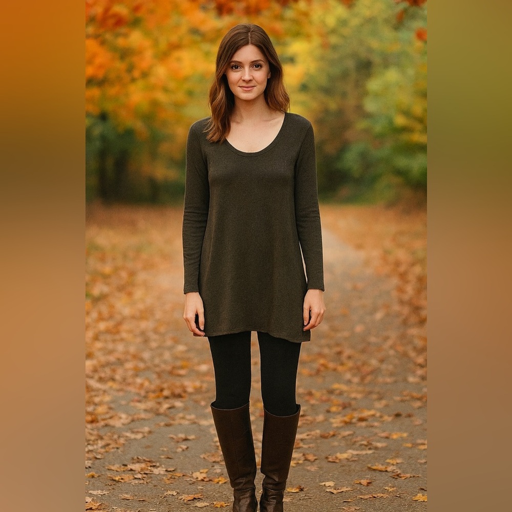 Eileen Fisher Scoop Neck‎ Brown Long Sleeve T-shirt Dress Petite Medium